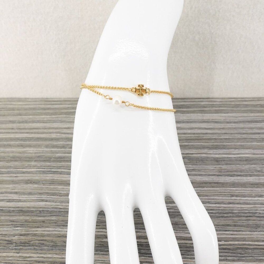 Tory Burch Logo Pearl Slider Adjustable Bracelet Gold OS - Picture 12 of 12